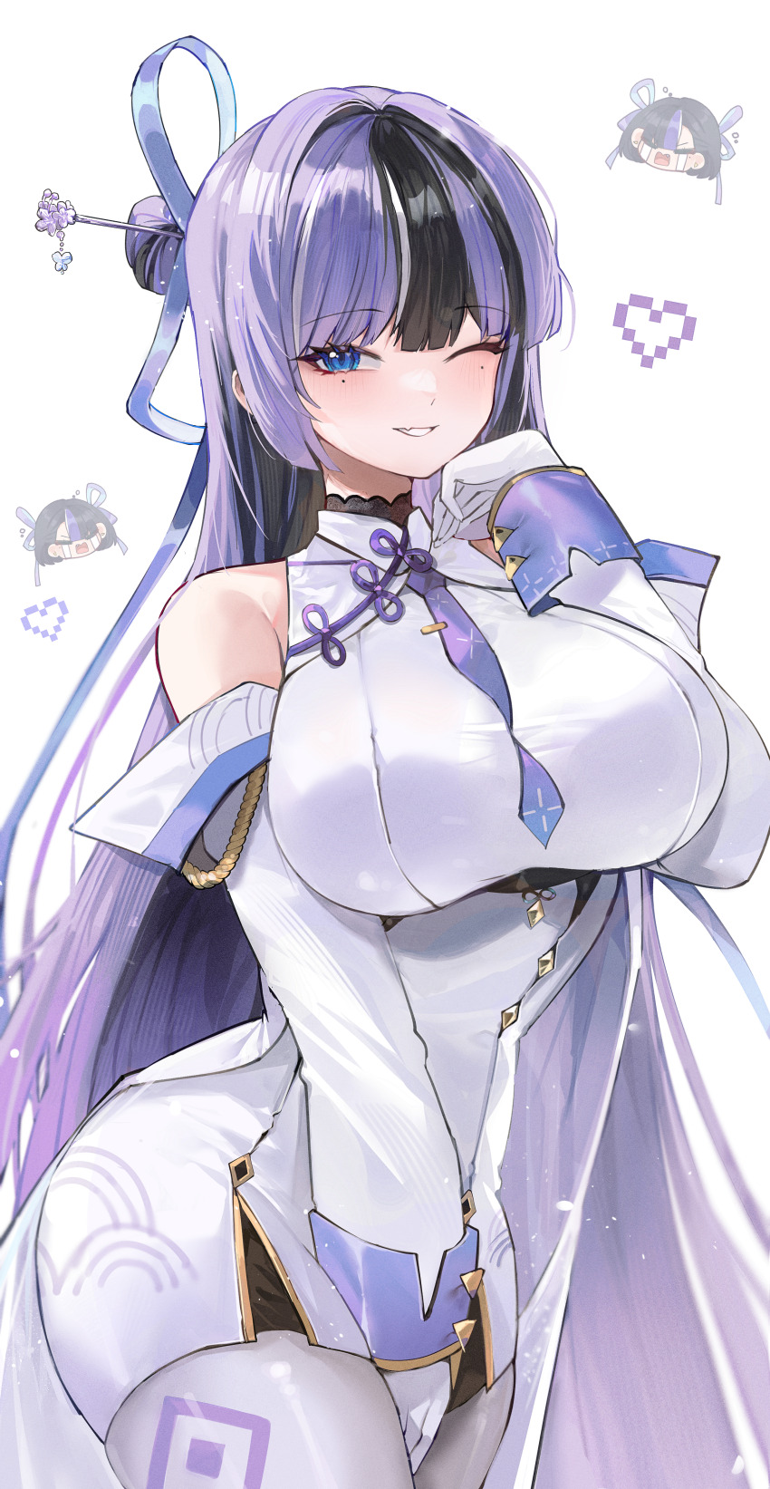 2girls absurdres bare_shoulders between_legs black_hair breasts chibi commentary crying fang gloves goddess_of_victory:_nikke gurami_(zangizarang) hair_ornament hair_ribbon hair_stick hand_between_legs heart highres jien_(nikke) large_breasts long_hair looking_at_viewer mole mole_under_eye multicolored_hair multiple_girls necktie one_eye_closed open_mouth purple_hair purple_ribbon ribbon simple_background skin_fang smile solo streaked_hair syuen_(nikke) very_long_hair white_gloves