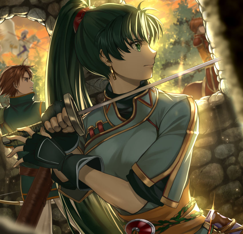 2boys 2girls absurdres black_gloves blue_dress brown_hair commentary_request delsaber dress dutch_angle earrings fingerless_gloves fire_emblem fire_emblem:_the_blazing_blade florina_(fire_emblem) gloves green_eyes green_hair highres holding holding_sword holding_weapon jewelry kent_(fire_emblem) long_hair lyn_(fire_emblem) multiple_boys multiple_girls nintendo pegasus ponytail short_sleeves sword upper_body very_long_hair weapon wil_(fire_emblem)
