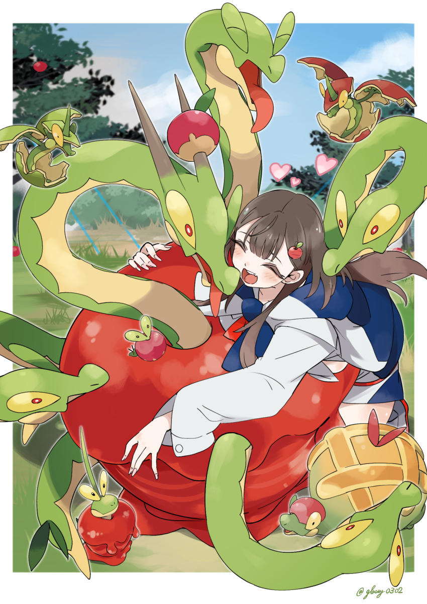 1girl absurdres apple appletun applin blueberry_academy_school_uniform blush brown_hair dipplin flapple food fruit gen_8_pokemon glassy0302 hair_ornament highres hydrapple kuraishi_rinngo long_hair long_sleeves multiple_heads nintendo open_mouth original pokemon pokemon_(creature) pokemon_sv school_uniform