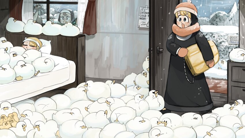 3girls :o bird black_footwear blonde_hair brown_hair chicken clumsy_nun_(diva) commentary diva_(hyxpk) duck duckling english_commentary froggy_nun_(diva) hat highres little_nuns_(diva) mittens multiple_girls nun orange_hat orange_mittens orange_scarf ostrich scarf snot snow spicy_nun_(diva) tongue too_many traditional_nun under_covers yellow_hat