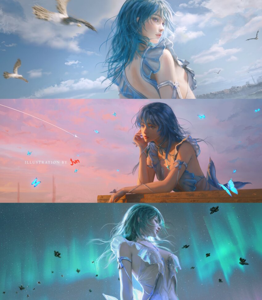 1girl absurdres armlet armpit_crease artist_name aurora back bare_shoulders black_flower blake_bloom_(wuthering_waves) blue_butterfly blue_eyes blue_hair blue_nails blue_sky breasts bug butterfly closed_eyes closed_mouth cloud cloudy_sky colored_eyelashes column_lineup commentary dawn day dress english_commentary flower from_behind highres insect jewelry jvn long_hair looking_ahead medium_breasts multiple_views nail_polish night no_veil parted_lips sky sleeveless sleeveless_dress shorekeeper_(wuthering_waves) upper_body white_dress wuthering_waves