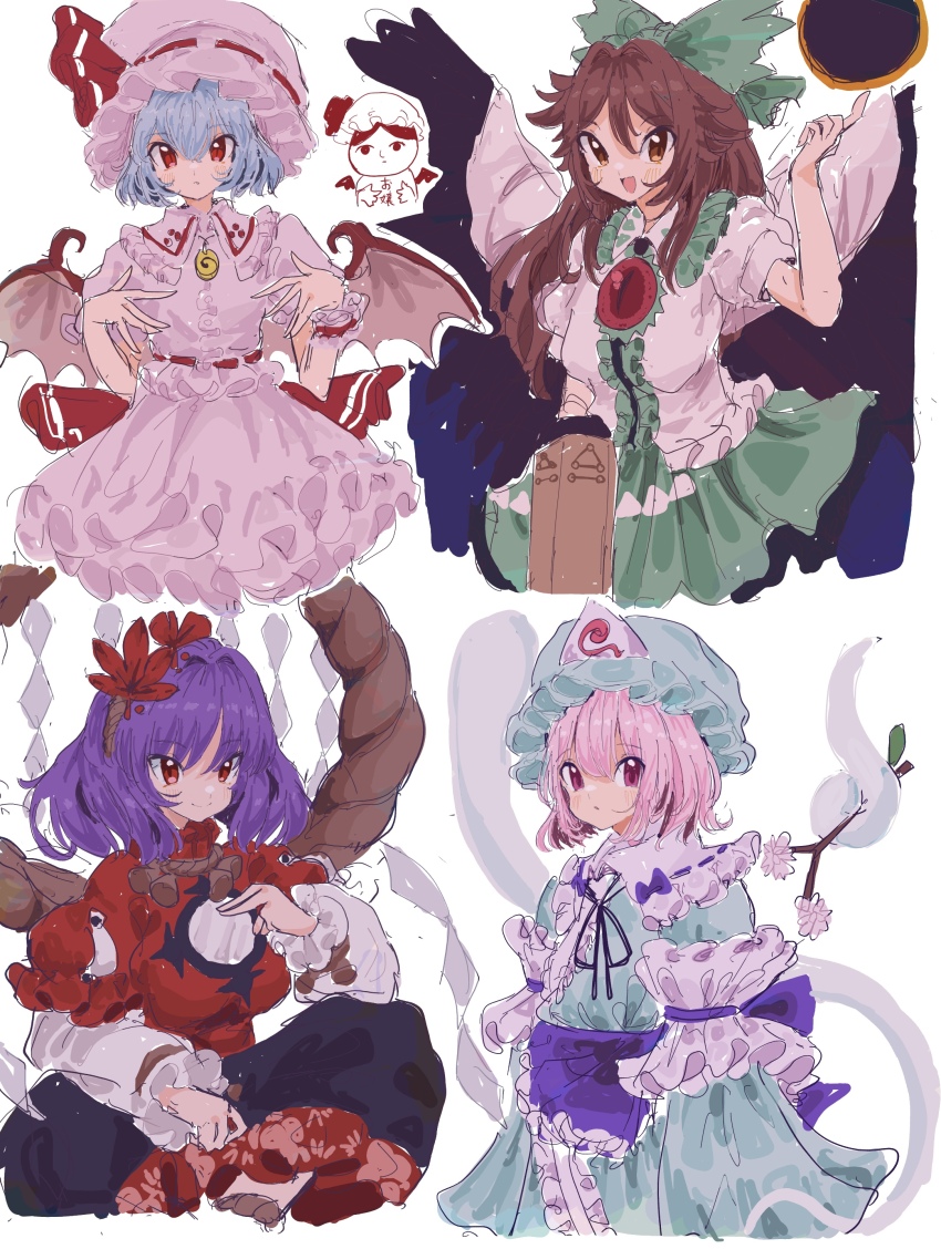 4girls :o absurdres arm_cannon autumn_leaves back_bow bat_wings bird_wings black_bow black_bowtie black_skirt black_wings blue_cape blue_hair blue_headwear blue_kimono blue_sleeves bow bowtie branch brown_eyes brown_hair buttons cape center_frills cherry_blossoms collar collared_shirt commentary_request cowboy_shot derivative_work flower frilled_hat frilled_kimono frilled_shirt frilled_shirt_collar frilled_skirt frilled_sleeves frilled_wrist_cuffs frills ghost green_bow green_skirt hair_bow hair_ornament hand_on_own_chest hat hat_ribbon high_collar highres japanese_clothes kimono layered_sleeves leaf leaf_hair_ornament long_hair long_skirt long_sleeves looking_at_viewer magic medium_hair miniskirt mirror mob_cap mugi_(mugimugi_9kv) multiple_girls obi open_mouth parted_lips pink_eyes pink_flower pink_hair pink_headwear pink_shirt pink_skirt pink_sleeves pleated_skirt pointing pointing_up puffy_long_sleeves puffy_short_sleeves puffy_sleeves purple_bow purple_hair purple_sash red_bow red_eyes red_ribbon red_shirt red_sleeves red_wrist_cuffs reiuji_utsuho remilia_scarlet ribbon ribbon-trimmed_headwear ribbon-trimmed_shirt ribbon_trim rope saigyouji_yuyuko sash shide shimenawa shirt short_hair short_over_long_sleeves short_sleeves simple_background single_wrist_cuff sitting skirt skirt_set sleeve_garter smile spiral_print stage_connection starry_sky_print sun third_eye_on_chest touhou triangular_headpiece two-sided_cape two-sided_fabric weapon white_background white_cape white_collar white_shirt white_sleeves wide_sleeves wings wrist_cuffs yasaka_kanako