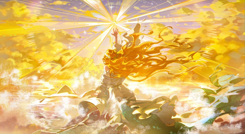 1girl absurdres back chinese_commentary commentary curly_hair floating_hair flower_wreath from_behind hand_up highres lens_flare light_rays long_hair luori_dianxin ocean orange_hair outstretched_arm reverse:1999 single_bare_shoulder sky solo star_(sky) twilight vila_(reverse:1999) water yellow_clouds