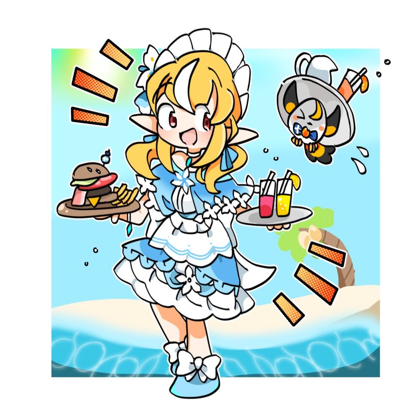 1girl artist_request beach burger cup day deformed drinking_glass elfriend_(shiranui_flare) flying_sweatdrops food highres hololive holonatsu_paradise oekaki palm_tree red_eyes serving shiranui_flare shiranui_flare_(holonatsu_paradise) simple_background solo sun sweatdrop tree