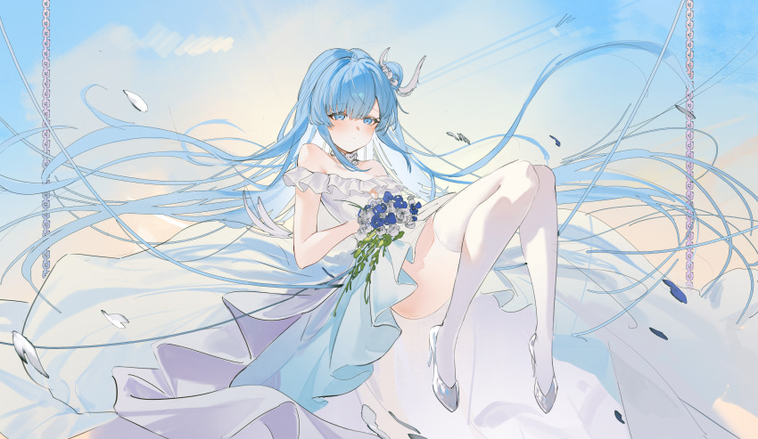 1girl absurdres azur_lane bare_shoulders blue_eyes blue_flower blue_hair blue_sky bouquet chain commentary dress falling_petals flantia floating_hair flower frilled_dress frills hair_between_eyes hair_bun hair_ornament high_heels highres holding holding_bouquet janus_(azur_lane) janus_(oath_under_the_morning_sun)_(azur_lane) light_blush long_dress long_hair long_sidelocks looking_at_viewer official_alternate_costume petals ribbon shoes sidelocks single_hair_bun sky sleeveless sleeveless_dress solo thighhighs thighs very_long_hair wedding_dress white_dress white_flower white_shoes white_thighhighs