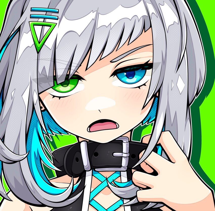 1boy adjusting_choker androgynous bare_shoulders belt_collar black_shirt blue_eyes blue_hair close-up collarbone cross-laced_clothes cross-laced_top earrings frown green_background green_eyes hair_ornament hairclip halftone hand_up heterochromia highres jewelry jitome looking_at_viewer male_focus multicolored_hair open_mouth outline shadow shirt short_hair sidelocks simple_background sleeveless sleeveless_shirt slys_(jesterdysphoria) solo two-tone_hair utatane_piko vocaloid white_hair white_outline