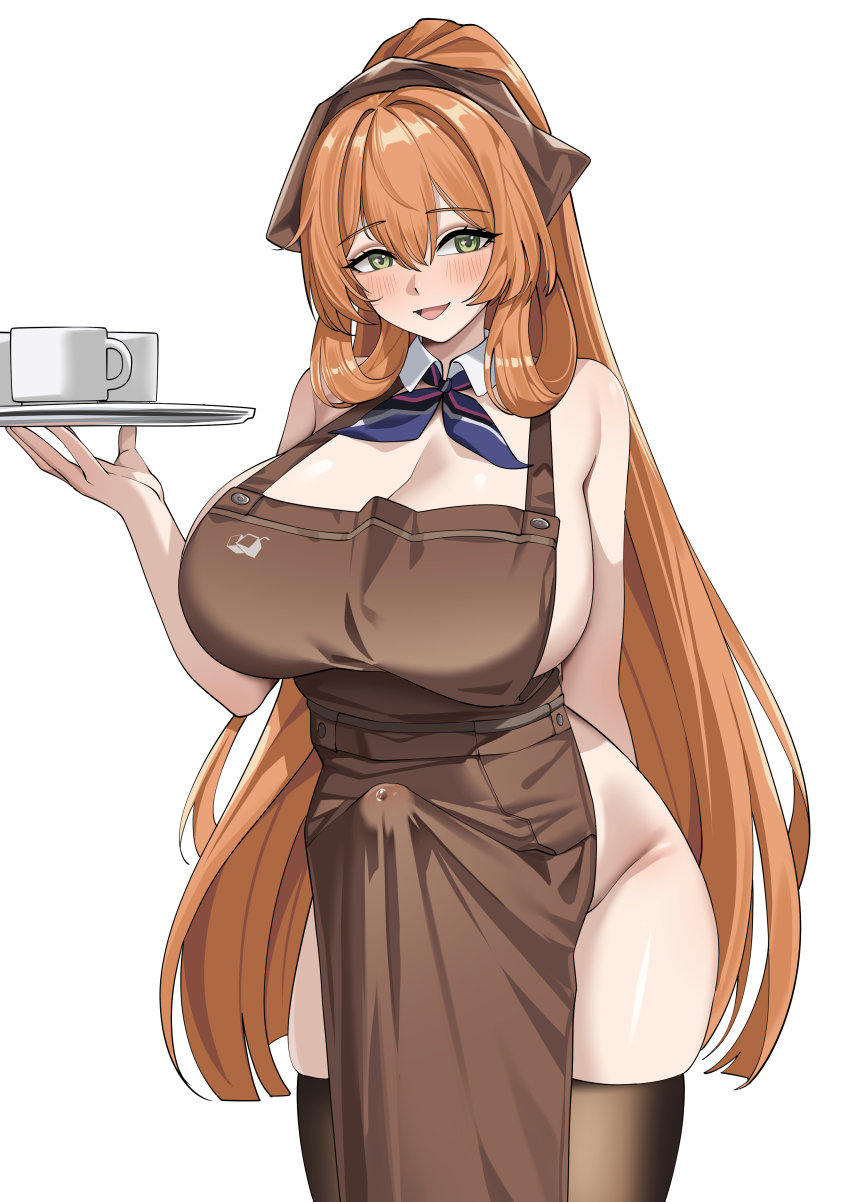 1futa absurdres alternate_breast_size_(larger) apron arm_behind_back bare_arms bare_shoulders black_thighhighs blue_neckerchief blunt_ends blush breasts brown_apron brown_ribbon bulge cleavage coffee_mug commentary cowboy_shot cup detached_collar erection erection_under_clothes futanari girls&#039;_frontline green_eyes groin hair_between_eyes hair_ribbon hair_rings hand_up high_ponytail highres holding holding_tray huge_breasts long_hair looking_at_viewer mug naked_apron neckerchief open_mouth orange_hair ponytail precum precum_through_clothes ribbon sideboob simple_background skindentation smile solo springfield_(girls&#039;_frontline) standing thighhighs tray very_long_hair white_background wujack