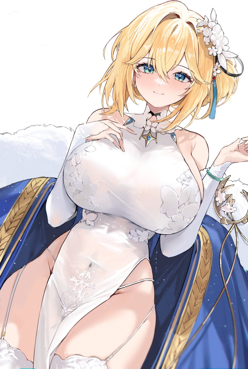 1girl absurdres azur_lane bare_shoulders blonde_hair blue_cloak blue_eyes breasts brooch cloak closed_mouth covered_navel cowboy_shot detached_sleeves dress flower fur_trim garter_straps gurami_(zangizarang) hair_between_eyes hair_bun hair_flower hair_ornament hands_up highres huge_breasts impossible_clothes impossible_dress jeanne_d&#039;arc_(azur_lane) jeanne_d&#039;arc_(patron_saintess_of_celebration)_(azur_lane) jewelry long_hair long_sleeves looking_at_viewer panty_straps pelvic_curtain simple_background sleeveless sleeveless_dress smile solo spaghetti_strap thighhighs thighs white_background white_dress white_thighhighs