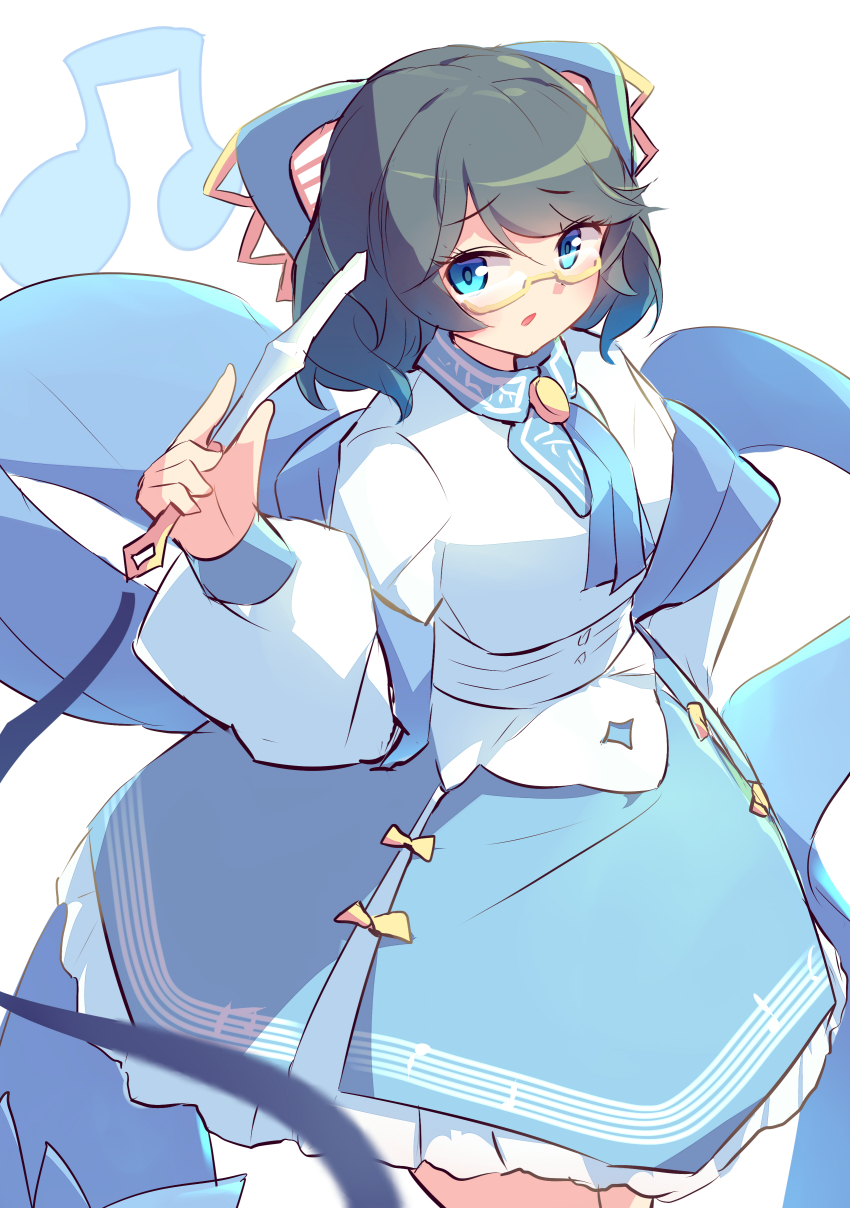 1girl absurdres blue_bow blue_dress blue_eyes blue_hair blush bow breasts buttons commentary_request curly_hair dress duel_monster glasses hair_bow hair_ornament highres holding holding_instrument holding_wand instrument kanzakietc large_breasts long_sleeves looking_at_viewer misolfachord_eliteia musical_note necktie open_mouth pointy_ears short_hair solo upper_body wand white_background yu-gi-oh!