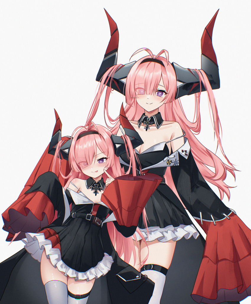 2girls :p absurdres arms_behind_back azur_lane bare_shoulders black_dress black_hairband blush breasts cleavage commentary cross danraz0r detached_collar dress english_commentary finger_to_face frilled_dress frills hair_on_horn hair_over_one_eye hairband hands_up happy highres horns iron_cross long_hair medium_breasts mother_and_daughter multiple_girls off-shoulder_dress off_shoulder pink_hair pleated_dress prinz_rupprecht_(azur_lane) purple_eyes skindentation smile solo strap_slip thigh_strap thighhighs thighs tongue tongue_out very_long_hair very_long_sleeves wide_sleeves