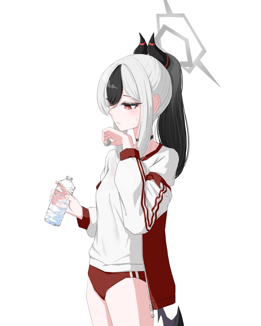 1girl absurdres black_choker black_hair black_horns blue_archive bottle buruma choker demon_horns grey_hair gym_shirt gym_uniform hair_between_eyes halo hashtag-only_commentary highres hit_by_hit holding holding_bottle horns jacket kayoko_(blue_archive) long_sleeves multicolored_hair ponytail red_buruma red_eyes red_jacket shirt sidelocks simple_background single_wing solo standing two-tone_hair water_bottle white_background white_shirt wings