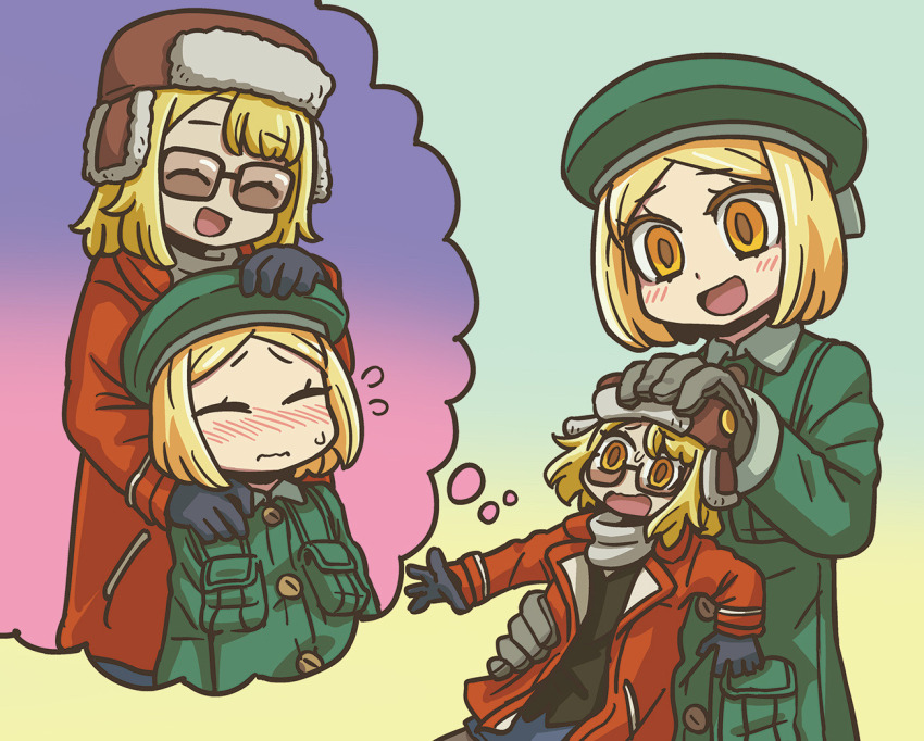 2girls alternate_form blonde_hair blush coat fate/grand_order fate_(series) fur_hat giant giantess glasses green_coat green_headwear green_jacket hat headpat jacket learning_with_manga!_fgo multiple_girls paul_bunyan_(fate) riyo_(lyomsnpmp) short_hair speech_bubble super_bunyan_(fate) thought_bubble