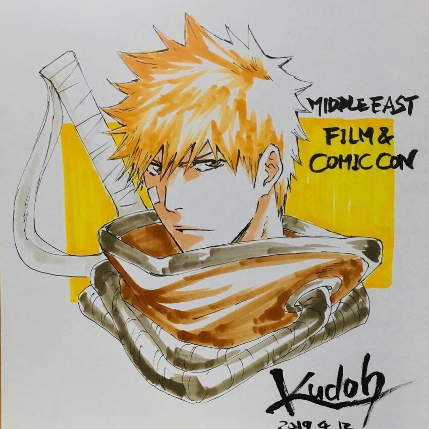 1boy bleach commentary_request cropped_head dated kudou_masashi kurosaki_ichigo male_focus marker_(medium) orange_eyes orange_hair serious signature solo traditional_media zangetsu_(shikai)