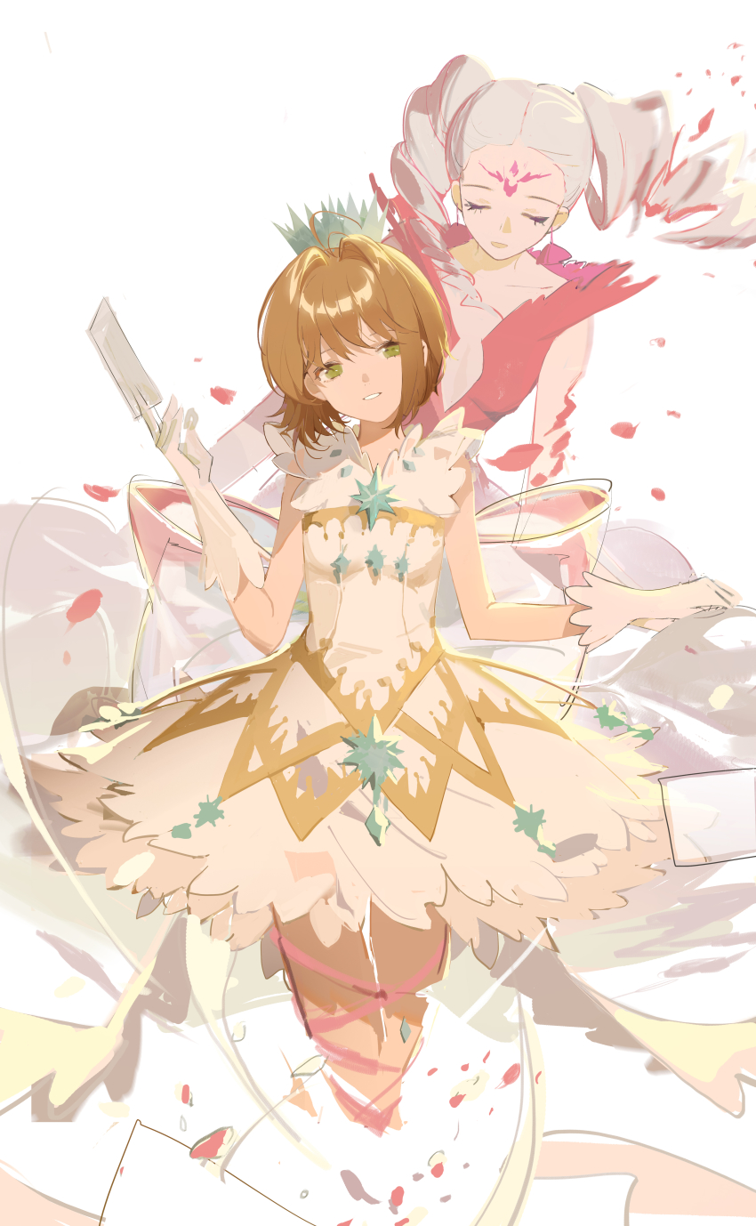 2girls absurdres brown_hair cardcaptor_sakura cardcaptor_sakura_clear_card_arc clamp_(circle)_(style) closed_eyes crown elbow_gloves eyebrows_hidden_by_hair falling_petals flower_(clow_card) gloves green_eyes hair_between_eyes highres kinomoto_sakura kinomoto_sakura_(clear_wings) long_hair multiple_girls open_mouth petals short_hair skirt sleeveless smile twintails white_hair yukuso_(dabiandang)