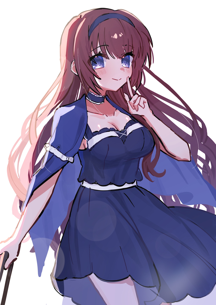 1girl a-chan_(little_busters!) absurdres backlighting black_choker black_hairband black_shirt black_skirt blue_capelet blue_eyes blush breasts brown_hair capelet choker cleavage closed_mouth collarbone commentary company_connection cosplay cowboy_shot eshiko hair_between_eyes hairband hand_up highres index_finger_raised key_(company) kushima_kamome kushima_kamome_(cosplay) large_breasts lens_flare little_busters! long_hair looking_at_viewer shirt simple_background skirt smile solo summer_pockets tareme very_long_hair white_background