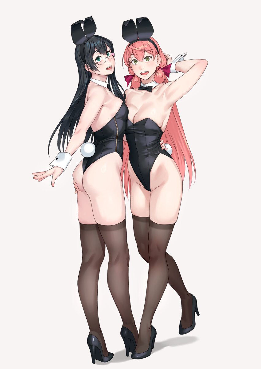 2girls akashi_(kancolle) alternate_costume animal_ears armpits ass bare_shoulders black_bow black_bowtie black_hair black_leotard blush bow bowtie breasts detached_collar fake_animal_ears full_body grabbing_another&#039;s_ass green_eyes groping high_heels highleg highleg_leotard highres kantai_collection large_breasts leotard long_hair looking_at_viewer medium_breasts multiple_girls ooyodo_(kancolle) open_mouth pink_hair playboy_bunny rabbit_ears rabbit_tail simple_background smile standing strapless strapless_leotard tail thighhighs thighs wrist_cuffs yuuji_(and)