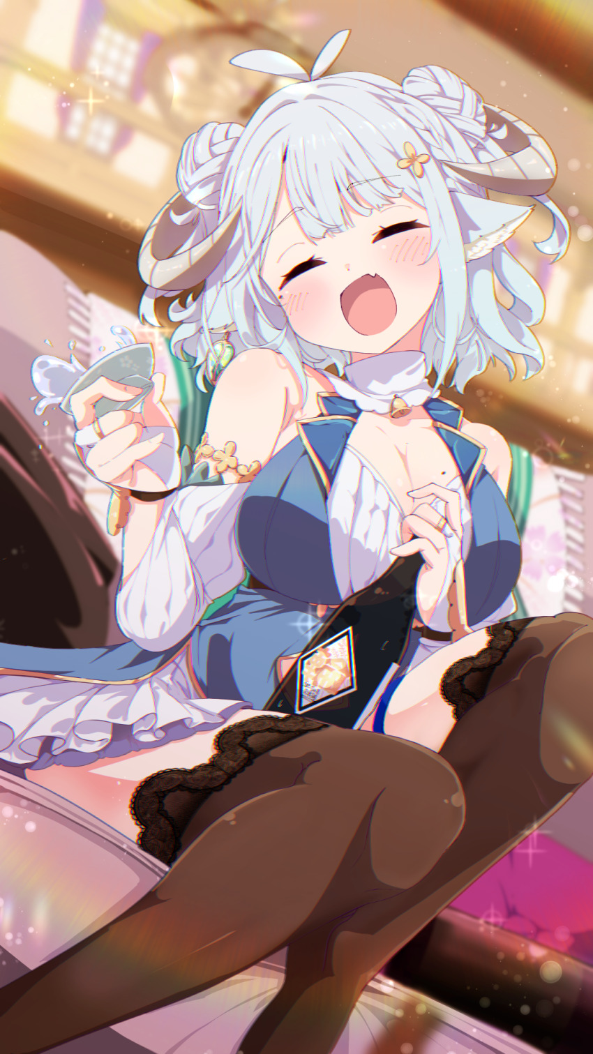 1girl :d alcohol animal_ears antenna_hair bare_shoulders black_thighhighs blue_dress blue_hair blue_vest blurry blurry_background blush bottle braid braided_bun breasts bridal_gauntlets brown_thighhighs cleavage closed_eyes commission couch cup depth_of_field detached_sleeves double_bun dress drinking_glass drunk dutch_angle facing_viewer fang feet_out_of_frame flower frills gloves grey_hair hair_bun hair_flower hair_ornament head_tilt highres holding holding_bottle holding_cup horns indoors knee_up large_breasts lens_flare long_sleeves medium_hair mole mole_on_breast on_couch open_mouth original puffy_sleeves sheep_horns shiro9jira short_dress short_hair sitting skeb_commission skin_fang skirt sleeveless smile solo sparkle thighhighs vest virtual_youtuber white_dress white_skirt white_sleeves