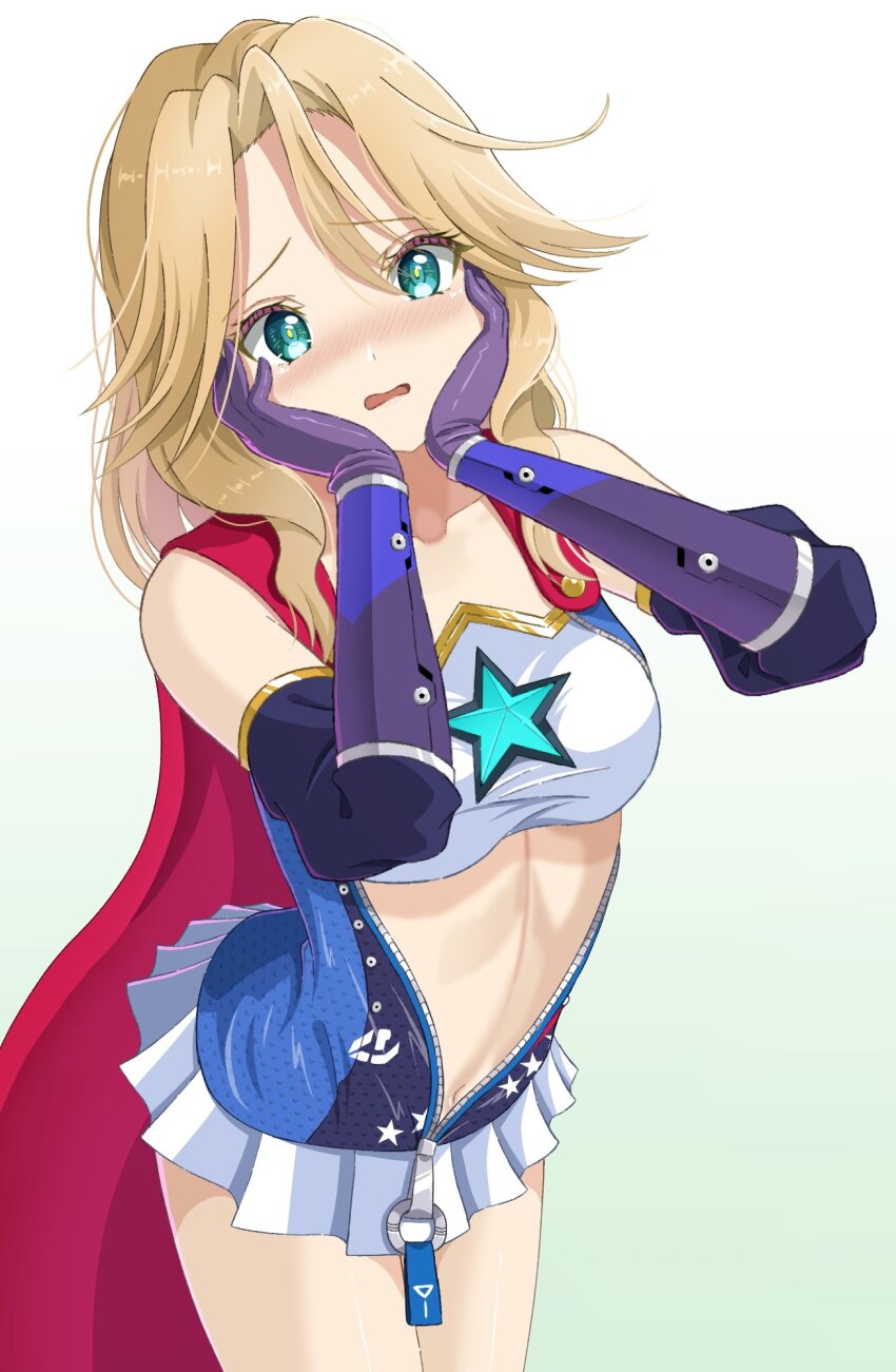 1girl blonde_hair blue_eyes blush breasts cape carole_reaper embarrassed heaven_burns_red highres large_breasts long_hair mochimugi_rice navel parted_bangs red_cape solo
