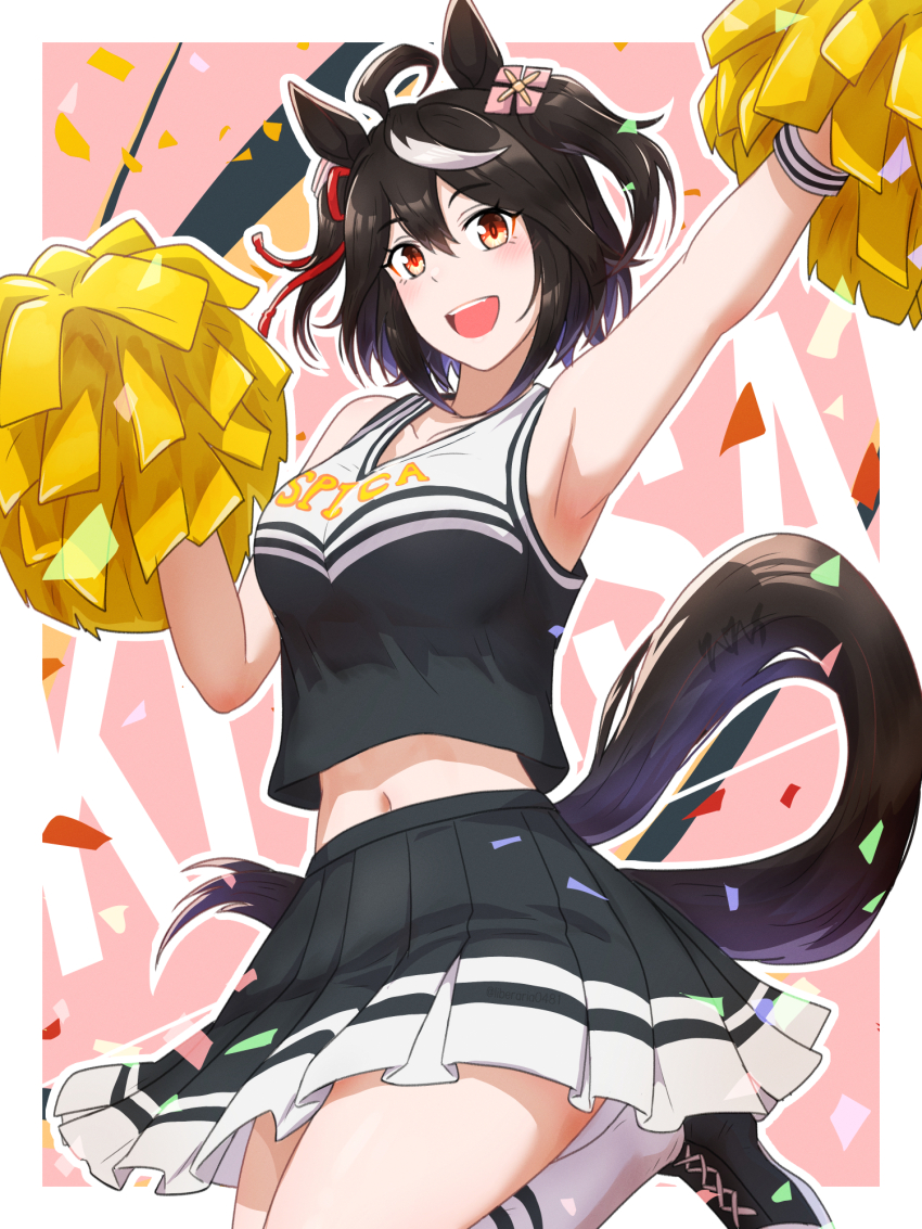 1girl ahoge alternate_costume alternate_hairstyle animal_ears armpits arms_up black_hair black_skirt blush border breasts character_name cheerleader commentary_request confetti ear_ornament hair_between_eyes highres horse_ears horse_girl horse_tail kitasan_black_(umamusume) looking_at_viewer medium_breasts midriff multicolored_hair navel open_mouth pleated_skirt pom_pom_(cheerleading) red_eyes ribehachi skirt smile solo streaked_hair tail umamusume umamusume_(anime) white_border white_hair