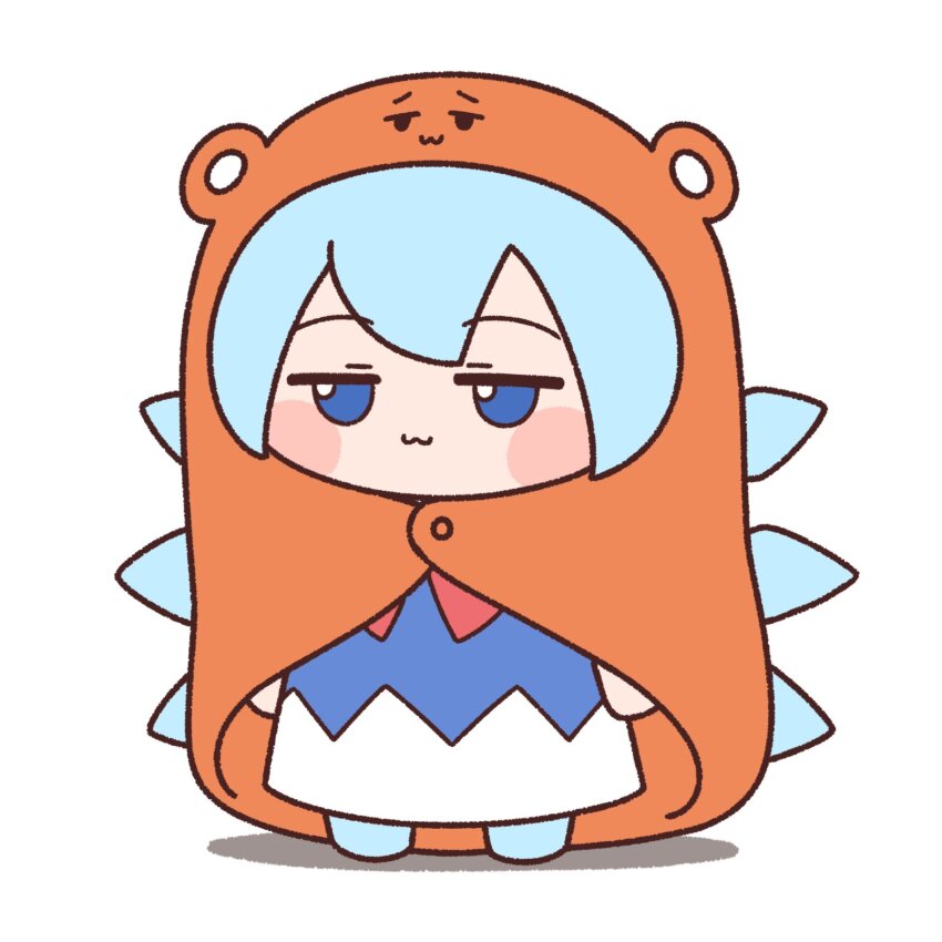 1girl :3 blue_dress blue_eyes blue_footwear blue_hair blue_wings blush_stickers chibi cirno closed_mouth dress full_body hamster_costume highres himouto!_umaru-chan neck_ribbon red_ribbon ribbon short_hair simple_background solo standing touhou white_background wings y75zei