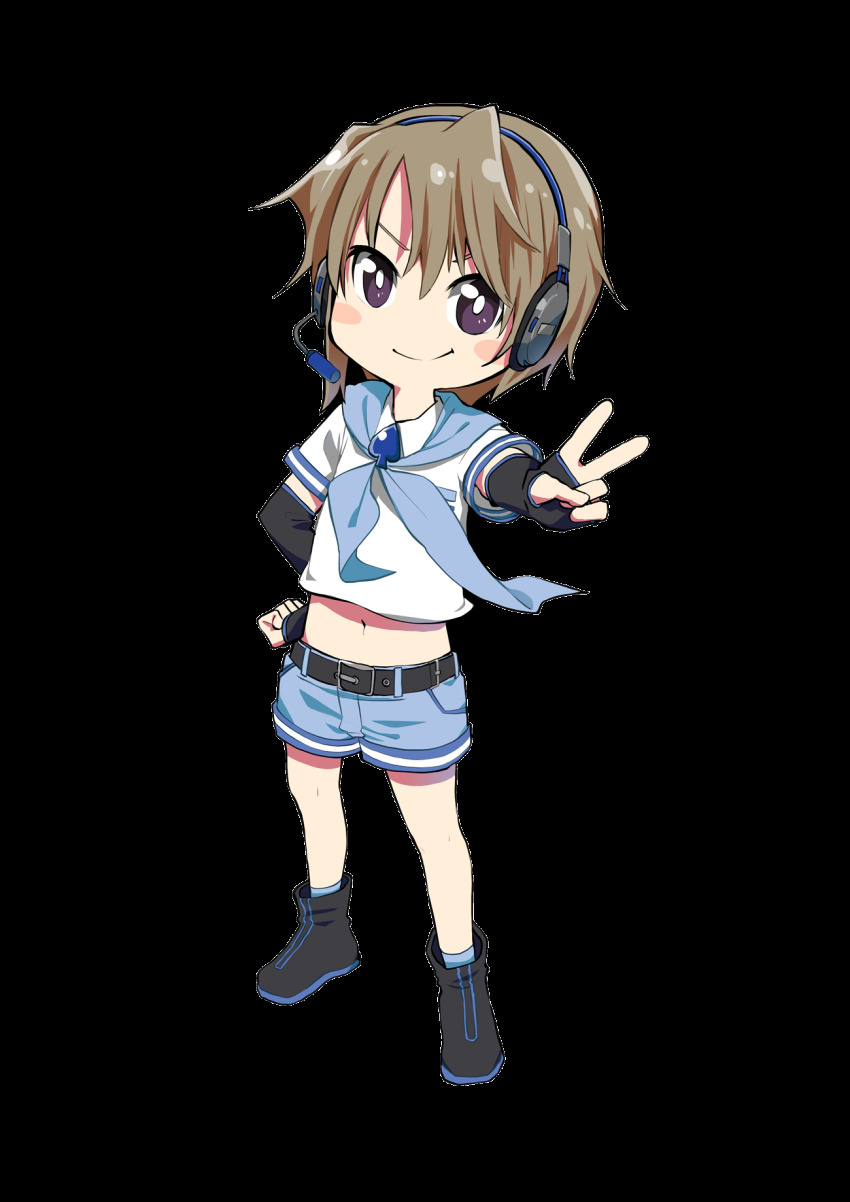 1boy black_boots black_gloves blue_neckerchief blue_shorts blush_stickers boots brown_hair elbow_gloves gloves gyari_(imagesdawn) hand_on_own_hip headset highres male_focus navel neckerchief purple_eyes short_sleeves shorts transparent_background tsukuyomi_shouta v voiceroid