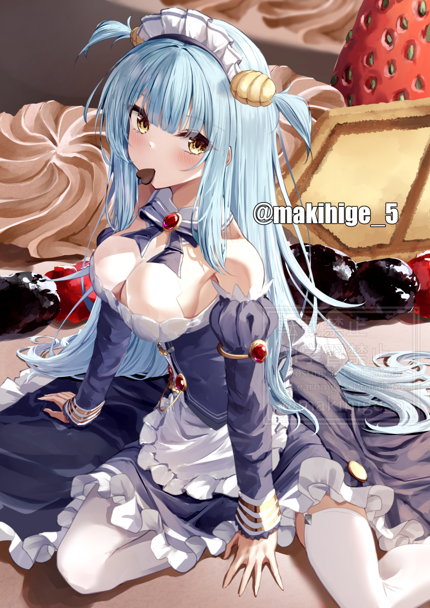 1girl absurdres apron azur_lane blue_bow blue_bowtie blue_dress blue_hair bow bowtie candy chocolate chocolate_heart cleavage_cutout clothing_cutout commentary_request dress food food_in_mouth garter_straps heart heart-shaped_food highres long_hair long_sleeves maid maid_apron maid_headdress makihige neptune_(azur_lane) sitting solo thighhighs twitter_username two_side_up valentine watermark white_apron white_thighhighs yellow_eyes yokozuwari