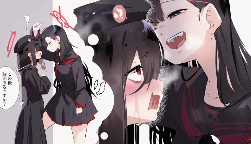 2girls absurdres beret black_hair black_hat black_serafuku blue_archive blush commentary_request facing_another halo hat highres ichika_(blue_archive) justice_task_force_member_(blue_archive) kabedon long_hair medium_hair mira_mira_mira mole mole_on_neck multiple_girls neckerchief nervous nose_blush pleated_skirt red_eyes red_neckerchief school_uniform serafuku skirt smile speech_bubble straight_hair translation_request very_long_hair yuri