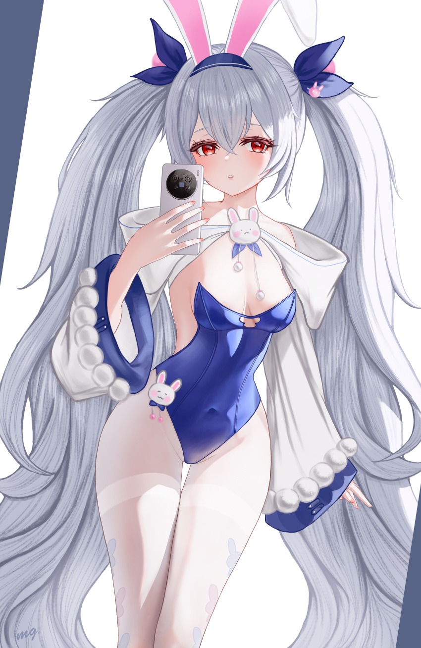 1girl absurdres animal_ears azur_lane bare_shoulders blue_leotard blush bow breasts covered_navel detached_sleeves fake_animal_ears hair_bow hair_ornament hairclip highres holding holding_phone laffey_(azur_lane) laffey_ii_(azur_lane) laffey_ii_(sleepy_on_a_busy_day)_(azur_lane) leotard long_sleeves looking_at_viewer pantyhose phone playboy_bunny red_eyes simple_background small_breasts solo thighband_pantyhose white_background white_hair white_pantyhose wide_sleeves wjy1347193