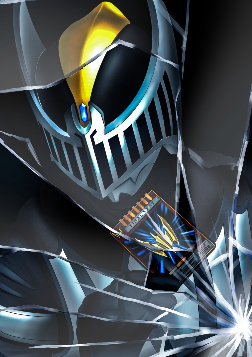 absurdres armor black_armor black_bodysuit black_gloves blue_gemstone bodysuit breastplate broken broken_glass broken_mirror card forehead_jewel gem glass gloves helmet highres holding holding_card jewelry kamen_rider kamen_rider_knight kamen_rider_ryuki_(series) mirror tokusatsu user_pjyg3832 visor_(armor)
