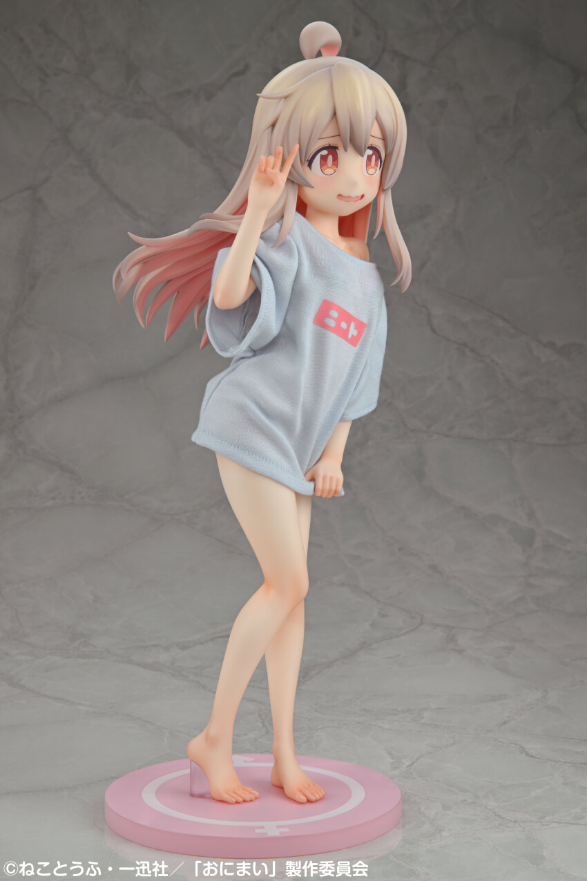1girl absurdres ahoge bare_legs barefoot blue_shirt blush clothes_writing copyright_notice figure figure_(medium) full_body hair_between_eyes highres long_hair naked_shirt no_pants official_art onii-chan_wa_oshimai! open_mouth oversized_clothes oversized_shirt oyama_mahiro red_eyes shirt short_sleeves single_bare_shoulder smile solo standing straight_hair t-shirt v wide_sleeves