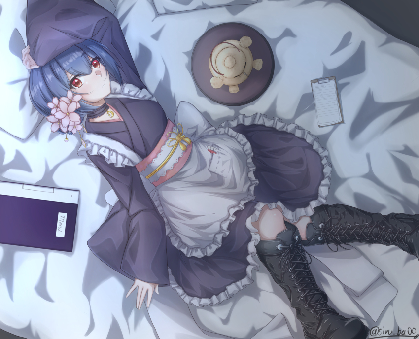 1girl absurdres apron bedroom blue_hair blush boots collar flower hair_bun hair_flower hair_ornament highres idolmaster idolmaster_shiny_colors indoors kagin_(kagou_shita_nanika) looking_at_viewer lying maid morino_rinze on_back on_bed pillow pocket red_eyes short_hair single_hair_bun solo stuffed_toy wa_maid waitress