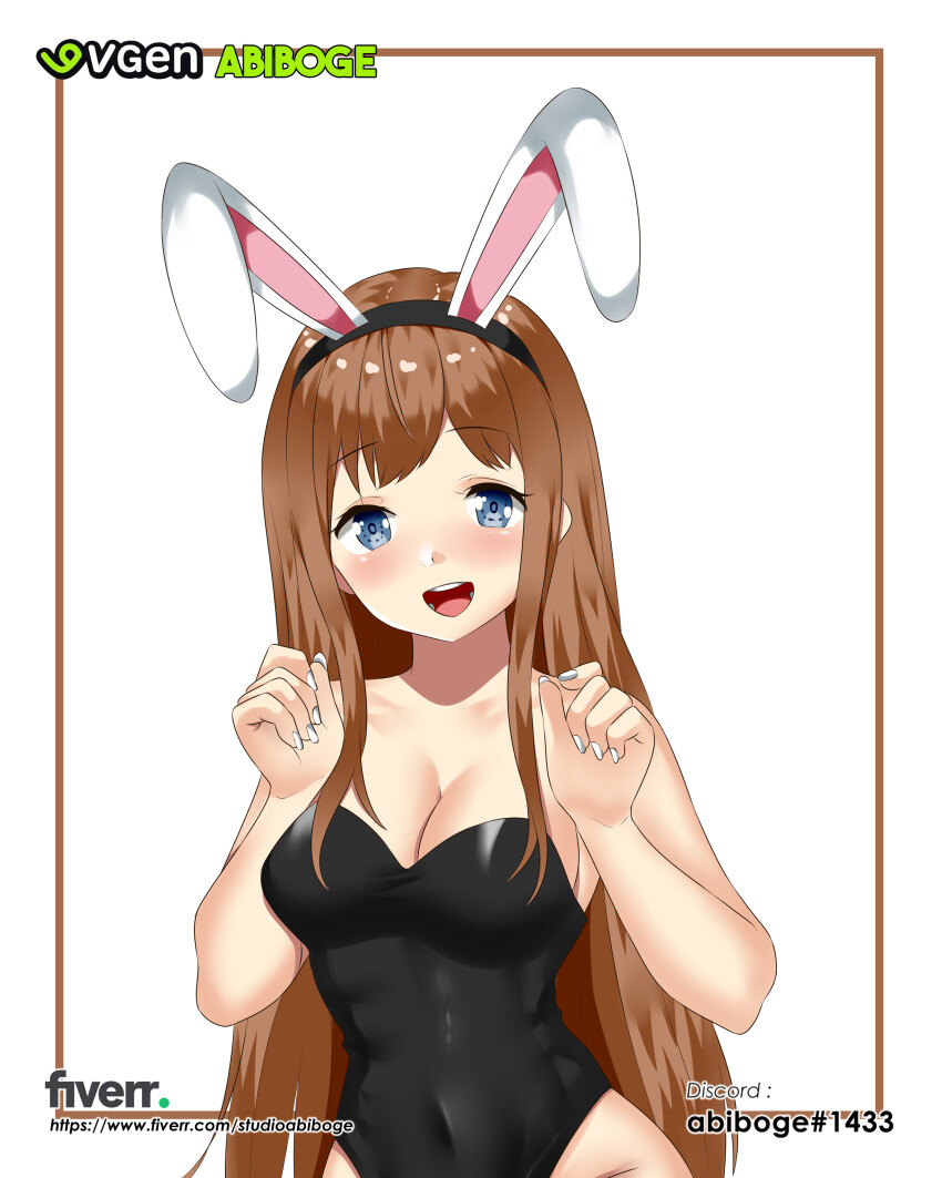 1girl abiboge absurdres animal_ear_hairband animal_ears artist_name bare_shoulders black_leotard blue_eyes breasts brown_hair cleavage commentary commission english_commentary fake_animal_ears hairband highres large_breasts leotard open_mouth original playboy_bunny rabbit_ear_hairband rabbit_ears smile solo strapless strapless_leotard upper_body watermark web_address white_nails