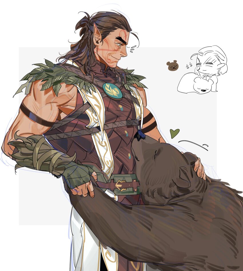 1boy absurdres animal_ears animal_nose armband baldur&#039;s_gate baldur&#039;s_gate_3 bara bear bear_ears belt border braid brown_armband brown_bear brown_belt brown_eyes brown_fur brown_hair chibi closed_eyes dark-skinned_male dark_skin dungeons_&amp;_dragons elf facial_tattoo fingerless_gloves gloves green_gloves greensalad350 grey_border half_updo halsin hand_on_animal highres leaf looking_at_animal male_focus mature_male medium_hair muscular muscular_arms pants pointy_ears side_braids smile tattoo thick_eyebrows vambraces veins veiny_arms vest white_background
