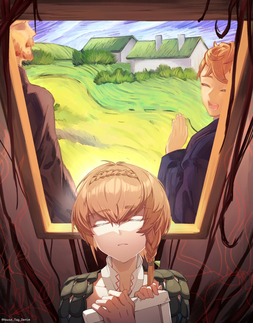1girl 2boys :d ^_^ beard blue_jacket braid brown_background brown_hair brown_jacket closed_eyes commentary crown_braid english_commentary faceless faceless_male facial_hair facing_back facing_viewer fate/grand_order fate_(series) grass hair_between_eyes hand_up highres holding house house_tag_denim jacket multiple_boys mustache open_mouth painting_(object) parted_lips shirt short_hair siblings side_braid smile teeth theodorus_van_gogh_(fate) upper_body van_gogh_(fate) van_gogh_(first_ascension)_(fate) vincent_van_gogh_(person) vincent_van_gogh_(style) white_shirt