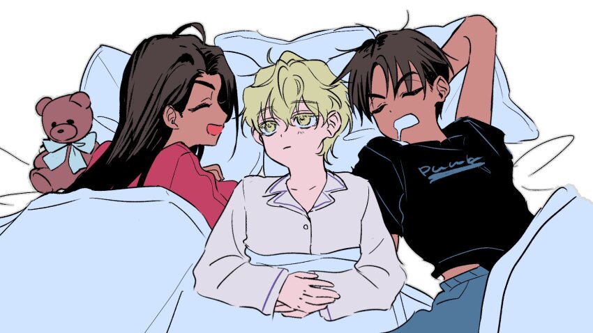 1girl 2boys alien_stage black_shirt blonde_hair boy_and_girl_sandwich brown_hair closed_eyes colored_eyelashes commentary drooling highres hyuna_(alien_stage) hyunwoo_(alien_stage) kyon_(zmwh8222) long_hair luka_(alien_stage) lying mouth_drool multiple_boys on_back on_bed on_side open_mouth pajamas pillow red_shirt sandwiched shirt short_hair sleeping stuffed_animal stuffed_toy teddy_bear under_covers very_short_hair white_shirt yellow_eyes