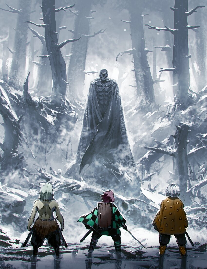 4boys absurdres agatsuma_zenitsu berserk boar_mask brown_hair checkered_clothes checkered_haori commentary crossover demon demon_slayer_uniform demon_wings divine_being english_commentary femto_(berserk) fur_trim griffith_(berserk) haori hashibira_inosuke helmet highres holding holding_sword holding_weapon japanese_clothes kalmahul kamado_tanjirou katana kimetsu_no_yaiba kimono mask medium_hair multiple_boys pelt scabbard sheath sword triangle_print unsheathed weapon white_hair wings