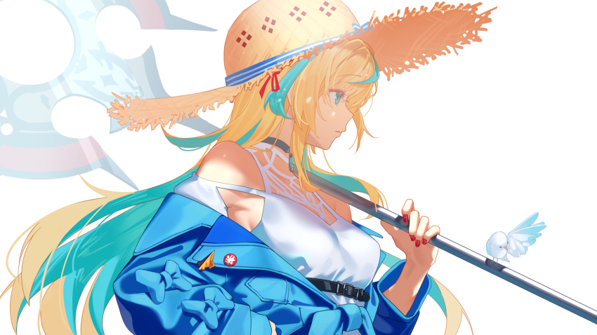 1girl aqua_hair arisaki_(cnxy7525) axe badge battle_axe belt belt_buckle bird black_belt black_choker blonde_hair blue_bow blue_jacket bow breasts buckle button_badge choker closed_mouth colored_inner_hair cropped_jacket double-sided_axe dress eyelashes fingernails green_eyes hair_between_eyes hair_ribbon hand_up hashtag-only_commentary hat highres holding holding_axe jacket long_hair long_sleeves looking_ahead medium_breasts multicolored_hair nail_polish nijisanji off_shoulder official_alternate_costume open_clothes open_jacket over_shoulder profile red_nails red_ribbon ribbon sidelocks simple_background solo straw_hat streaked_hair tachitsute_toto tachitsute_toto_(2nd_costume) tied_jacket upper_body virtual_youtuber weapon weapon_over_shoulder white_background white_dress