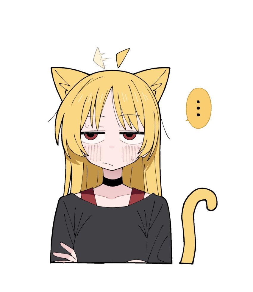 ... 1girl ahoge ahoge_wag animal_ears black_choker black_shirt blonde_hair blush bocchi_the_rock! cat_ears cat_girl choker closed_mouth collarbone crossed_arms detached_ahoge expressive_hair frown highres ijichi_seika long_hair looking_to_the_side red_eyes sabi1234 shirt simple_background solo speech_bubble sweatdrop upper_body white_background yellow_tail