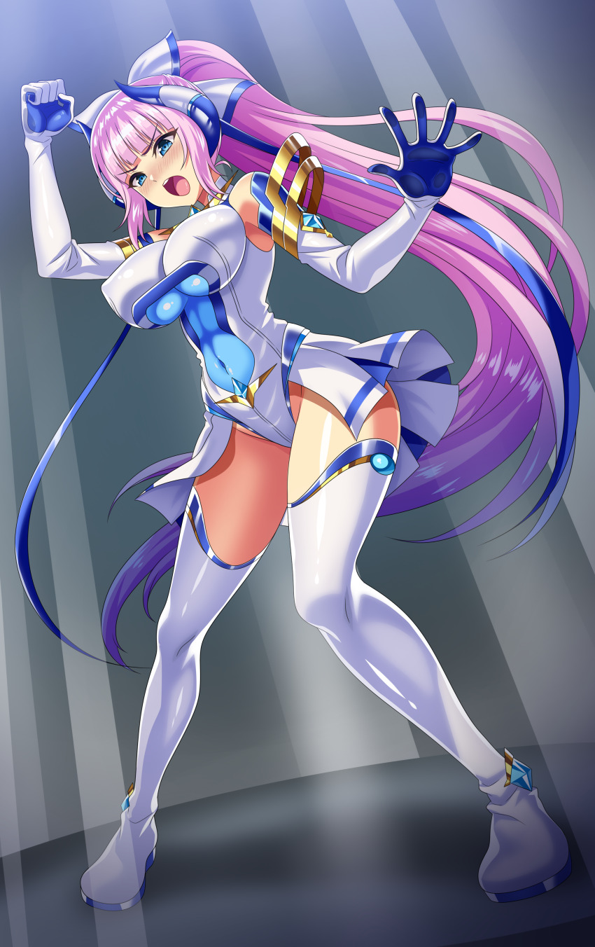 1girl :o absurdres arm_up bare_shoulders blue_eyes blue_gloves blue_hair blunt_bangs blush boots bow breasts clenched_hand covered_erect_nipples covered_navel elbow_gloves element_venus full_body gloves gradient_hair hair_bow high_ponytail highleg highleg_leotard highres impossible_clothes impossible_leotard kisaragi_nozomi large_breasts legs_apart leotard long_hair looking_at_viewer magical_girl multicolored_hair open_mouth peril pink_hair ponytail purple_hair shinsou_seiki_elementia shiny_clothes shiny_skin showgirl_skirt sirano skin_tight skirt solo standing teeth thigh_boots thighhighs upper_teeth_only v-shaped_eyebrows very_long_hair white_gloves white_leotard white_thighhighs