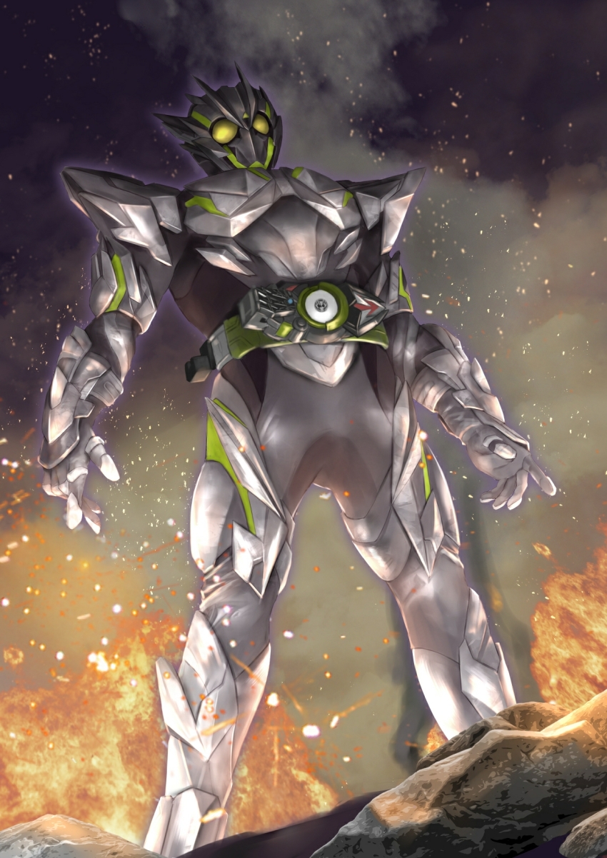 1boy after_battle armor armored_boots armored_gloves boots bug rider_belt fire from_below grasshopper green_eyes head_tilt highres insect kamen_rider kamen_rider_01_(series) kamen_rider_zero-one metalcluster_hopper night night_sky open_hands progrise_key rider_belt rock silver_bodysuit sky tokusatsu tsubasansan zero_one_driver