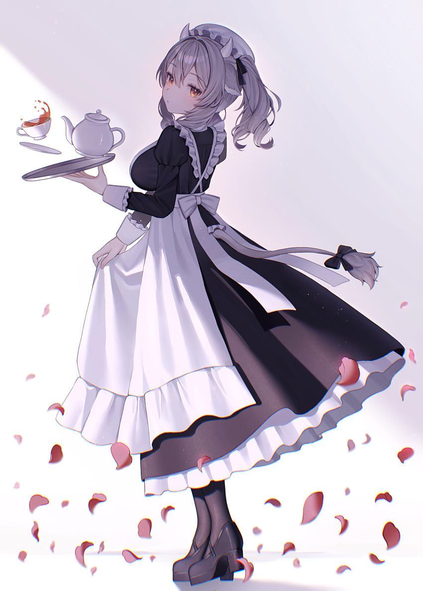 051_ogoli 1girl absurdres alternate_costume animal_ears apron back_bow bell black_bow black_dress black_pantyhose black_ribbon blush bow breasts chromatic_aberration closed_mouth cow_ears cow_girl cow_horns cow_tail crossed_bangs cup dress drill_hair enmaided expressionless falling_petals frilled_apron frilled_dress frills from_behind from_side full_body grey_background grey_hair hair_between_eyes hair_bow hair_ribbon hat head_tilt high_heels highres holding holding_saucer holding_tray horns juliet_sleeves large_breasts lion_tail long_dress long_hair long_skirt long_sleeves looking_at_viewer looking_back looking_to_the_side maid maid_apron maid_headdress mary_janes medium_breasts medium_hair milltina_(vrchat) mob_cap orange_eyes pantyhose petals petals_on_liquid plate puffy_long_sleeves puffy_sleeves ribbon ringlets rose_petals saucer shadow shoes sidelocks simple_background skirt skirt_hold solo spilling standing tail tail_bell tail_bow tail_ornament tail_raised tea tea_set teacup teapot tray twintails vrchat waist_apron white_apron white_background white_bow wrist_cuffs yellow_eyes