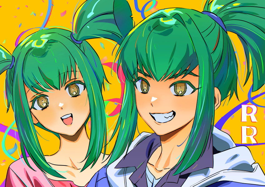 absurdres brother_and_sister green_hair highres lua_(yu-gi-oh!) luca_(yu-gi-oh!) ojing_oppa_(o_b_s_00) open_mouth siblings simple_background smile upper_body yellow_background yellow_eyes yu-gi-oh! yu-gi-oh!_5d&#039;s