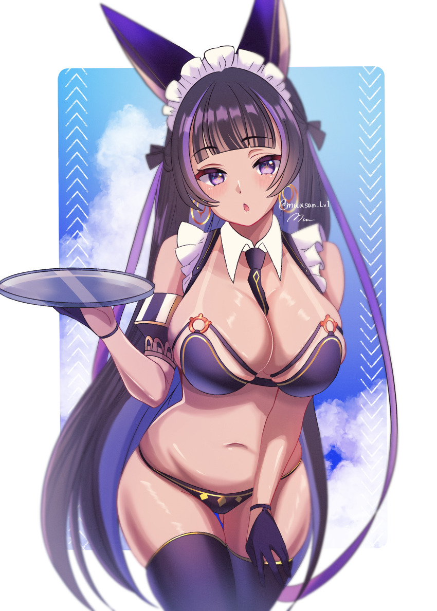 1girl absurdres animal_ears azur_lane black_gloves black_hair black_panties black_thighhighs breasts cleavage cleopatra_(azur_lane) cloud colored_inner_hair commentary cowboy_shot dark-skinned_female dark_skin detached_collar earrings gloves highres holding holding_tray jackal_ears jackal_girl jewelry large_breasts long_hair looking_at_viewer maid maid_headdress multicolored_hair musan_(muusan_lv1) navel open_mouth panties purple_eyes purple_hair sky solo sparkling_eyes stomach tan tanline thighhighs tray underwear