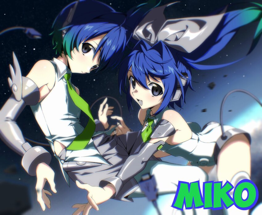 1boy 1girl :d artist_name ass blue_eyes blue_hair blurry breasts cable closed_mouth clothing_cutout collared_shirt commission depth_of_field detached_sleeves floating floating_hair gradient_hair green_hair green_necktie grey_ribbon grey_shorts grey_sleeves hair_between_eyes hair_intakes hair_ribbon hashtag-only_commentary headgear highres hip_vent leotard light_blush long_hair looking_at_viewer miko_heb multicolored_hair necktie open_mouth original outstretched_arms pantyhose ribbon shirt short_hair shorts sky sleeveless sleeveless_shirt small_breasts smile space star_(sky) stratosphere swept_bangs thighhighs twintails two-tone_hair usb usb_cable white_leotard white_pantyhose white_shirt white_thighhighs