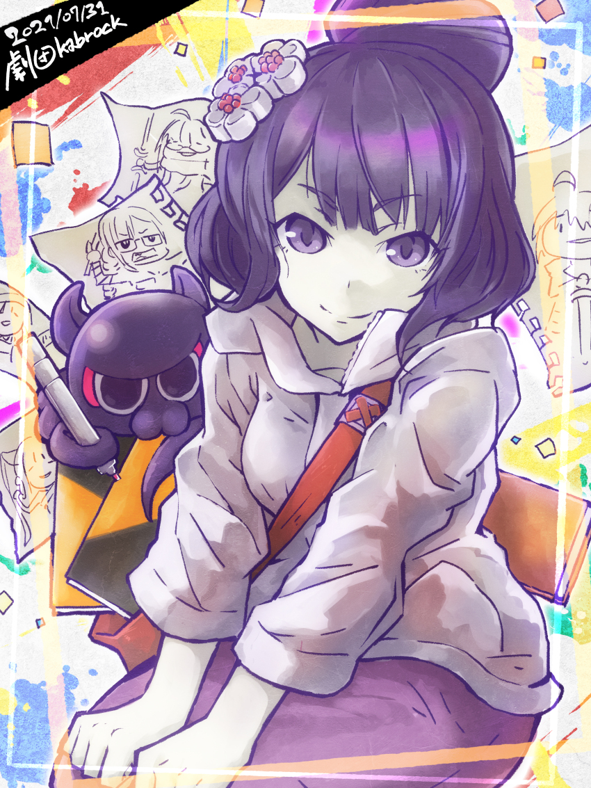 1girl absurdres artist_name artoria_pendragon_(fate) closed_mouth commentary_request dated fate/grand_order fate_(series) flower gekidan_kabrock gray_(fate) hair_bun hair_flower hair_ornament highres jacket katsushika_hokusai_(fate) katsushika_hokusai_(traveling_outfit)_(fate) looking_at_viewer mysterious_heroine_x_alter_(fate) octopus pants purple_eyes purple_hair purple_pants saber_(fate) single_hair_bun smile tokitarou_(fate) white_jacket yu_mei-ren_(fate) yu_mei-ren_(first_ascension)_(fate)