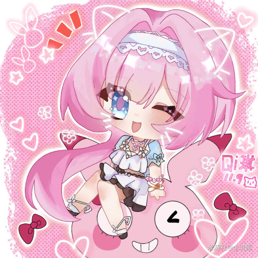 1girl animal_ears bare_legs bikini blue_eyes cat_ears chibi chibi_only crossed_legs dated elysia_(honkai_impact) elysia_(miss_pink_elf)_(honkai_impact) elysia_(summer_miss_elf)_(honkai_impact) fake_animal_ears fake_whiskers hairband heart homei_(honkai_impact) honkai_(series) honkai_impact_3rd long_hair official_alternate_costume one_eye_closed open_mouth pink_background pink_hair qi_jiang smile swimsuit white_bikini white_hairband
