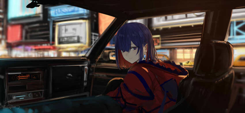 1girl blue_eyes blue_hair blue_jacket blurry blurry_background car_interior city closed_mouth colored_inner_hair diamond_earrings earrings from_behind hair_over_one_eye half-closed_eyes highres isshiki_(ffmania7) jacket jewelry kamitsubaki_studio knee_up leaning_forward left-hand_drive light_smile long_sleeves looking_at_viewer looking_back multicolored_eyes multicolored_hair multicolored_jacket red_eyes red_hair red_jacket rim_(kamitsubaki_studio) sidelighting signature sitting solo upper_body virtual_youtuber yellow_pupils