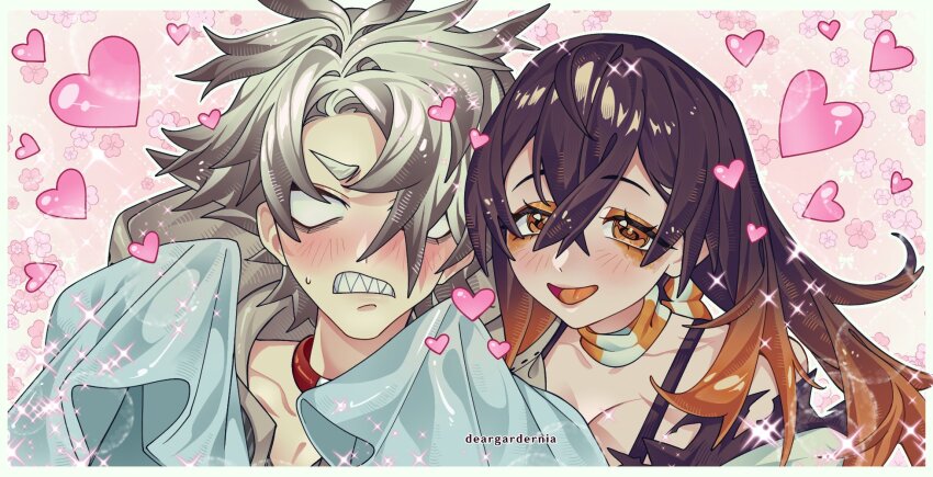 1boy 1girl amo_empool black_dress choker clenched_teeth deargardenia dress gachiakuta grey_hair heart hetero highres open_mouth orange_eyes orange_hair orange_scarf parted_bangs red_choker rudo_surebrec scarf sharp_teeth smile sparkle striped_clothes striped_scarf teeth white_sleeves