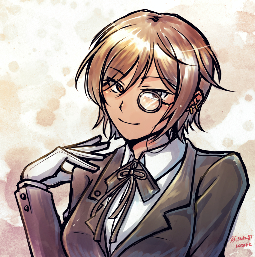 black_bow black_bowtie black_jacket bow bowtie brown_eyes brown_hair closed_mouth dark-skinned_female dark_skin earrings formal_clothes gloves highres isurugiratone jacket jewelry limbus_company looking_at_viewer monocle multiple_earrings outis_(project_moon) project_moon shirt short_hair smile upper_body white_gloves white_shirt