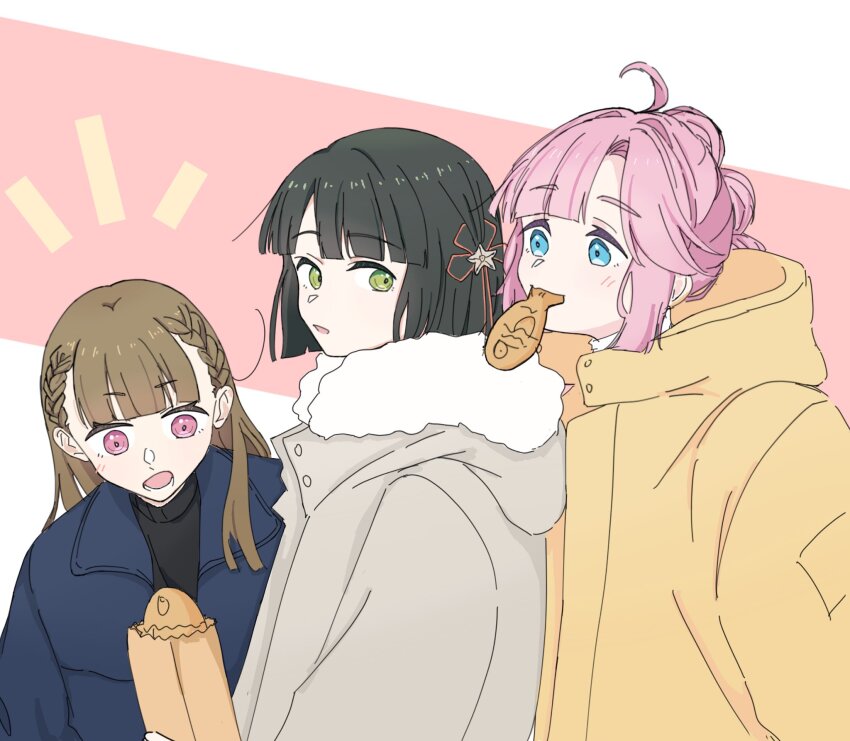 3girls ahoge anyoji_hime bag black_hair black_sweater blue_coat blue_eyes blunt_bangs blunt_ends blush bob_cut braid brown_hair center-flap_bangs coat flower flower_knot food food_in_mouth fur-trimmed_coat fur_trim green_eyes grey_coat hair_flower hair_intakes hair_ornament highres holding holding_bag hood hooded_coat kachimachi_kosuzu link!_like!_love_live! long_hair looking_at_another looking_at_food love_live! momose_ginko mouth_hold multi-tied_hair multiple_girls notice_lines open_clothes open_coat open_mouth paper_bag pink_background pink_eyes pink_hair ponytail rai_(kn51ll) short_hair side_ahoge side_braids sidelocks straight_hair sweater swept_bangs taiyaki upper_body virtual_youtuber wagashi winter_clothes yellow_coat